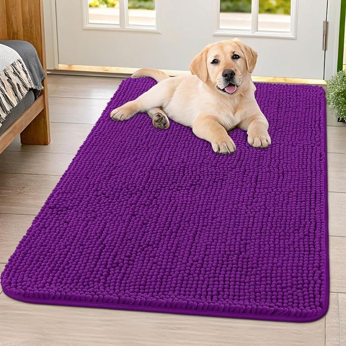 Smiry Dog Door Mat for Muddy Paws 40x32, Absorbent Dirt Trapper, Non-Slip Washable Chenille Entryway Rug for Inside Floor, Purple, Classic Solid