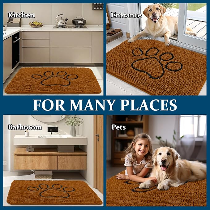OLANLY Dog Door Mat for Muddy Paws 30x20, Paw Print Design, Absorbs Moisture and Dirt, Absorbent Non-Slip Washable Doormat, Quick Dry Chenille Mud Mat for Dogs, Entry Indoor Entryway Carpet, Ochre