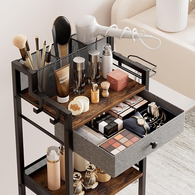 Bathroom Shelves with Drawer, 3 Tier Metal Rolling Standing Unit Storage Organizers with Toilet Paper Holder, Multifunctional Floor Corner Rack for Cosmetic, Dryer Curling Irons 12.8in Wide