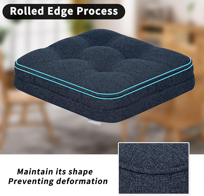GOFORIT Memory Foam Cushion，Square Seat Cushions for Dining Chairs,Non-Slip Chair Pads with Removable Cover, 16'' x 16'', Dark Blue