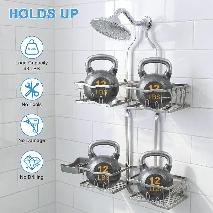 Shower Caddy Hanging Organizer, Rustproof Shower Organizer Hanging for Handheld Showerhead with Hooks for Razor/Sponge, Bathroom Caddy Rack Shower Shelves for Shampoo Soap Towels, Silver