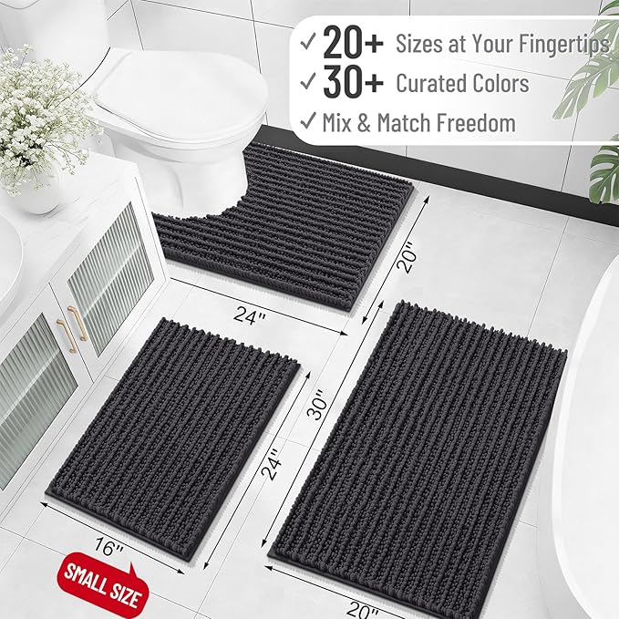 OLANLY Long Bathroom Rugs Runner 47x20, Thick Soft and Absorbent Chenille Bath Mat, Non-Slip, Machine Washable Quick Dry Bath Rugs for Tub Shower Floor, Home Decor Accessories, Dark Grey
