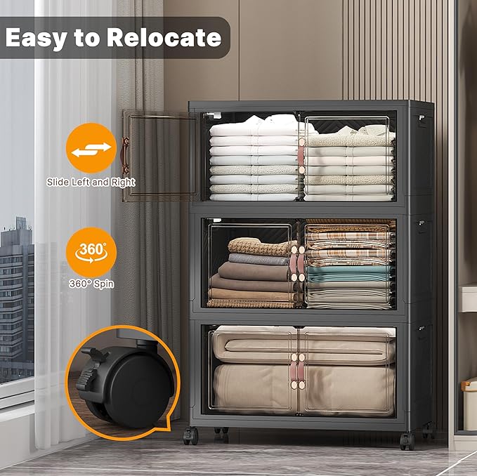 UAMFURI Stackable Storage Bins with Lids & Wheels & Door, Foldable Collapsible Closet Organizers, Extra Large Plastic Storage Drawers for Bedroom Dorm Office Garage (Dark-112QT, 3Pack with 1 top lid)