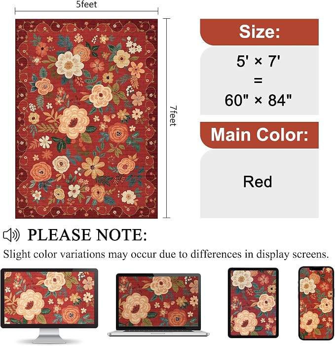 DUKINO 5x7 Area Rug, Floral Rugs for Living Room, Lightweight Non Slip Washable Rug, Indoor Low Pile & Non-Shedding Boho Design Rugs for Bedroom, Living Room, Dining Room, Red
