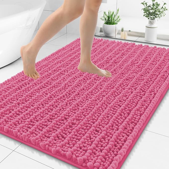 Smiry Bathroom Rugs Mat 48x32, Extra Soft Absorbent Chenille Bath Rugs, Non Slip Rubber Backing Machine Washable Quick Dry Bath Mats for Bathroom Floor, Tub, Shower, Home Decor Accessories, Hot Pink
