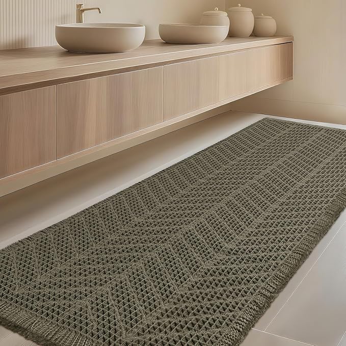 IM HOME Extra Large Waffle Bath Mat, 6'x2' Greyish Green, Boho Bathroom Rugs Absorbent Non Slip, Ultra Soft Bathroom Mat, Machine Washable Knit Bath Rugs with Herringbones for Bathroom, Kitchen