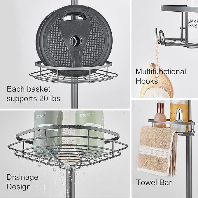 DUFU Corner Shower Caddy Tension Pole, Tension Rod Organizer, 4-Tier Adjustable Floor to Ceiling Shower Caddy 33-127inch, No Drilling Shower Shelf for Inside Shower (Gray)