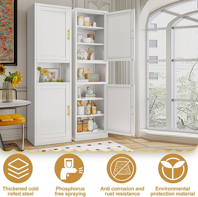 67" H Metal Tall Narrow Storage Cabinet, Freestanding Floor Cabinet with 2 Doors and Adjustable Shelves, Pantry Storage Cabinets for Bathroom, Living Room, Entryway and Kitchen (White)