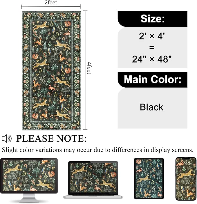 DUKINO 2x4 Rug for Hallway, Washable Kitchen Runner Rug with Non Slip Backing, Soft Low Pile Vintage Animal Runner for Bedroom, Kitchen, Hallway, Entryway, Laundry, Black