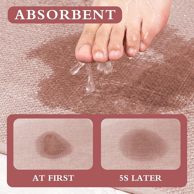 YIHOUSE Pink Bathroom Rug Set, 3 Piece, Absorbent Non Slip, Quick Dry, Thin Bath Mat for Bathroom and Kitchen