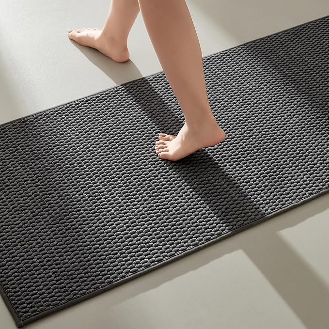 TYUU Bathroom Runner Rugs, Long Bath Mat Runner Washable Thin Quick Dry Low Pile Bathroom Runner Rugs Non Slip, Dark Grey 16"x60"