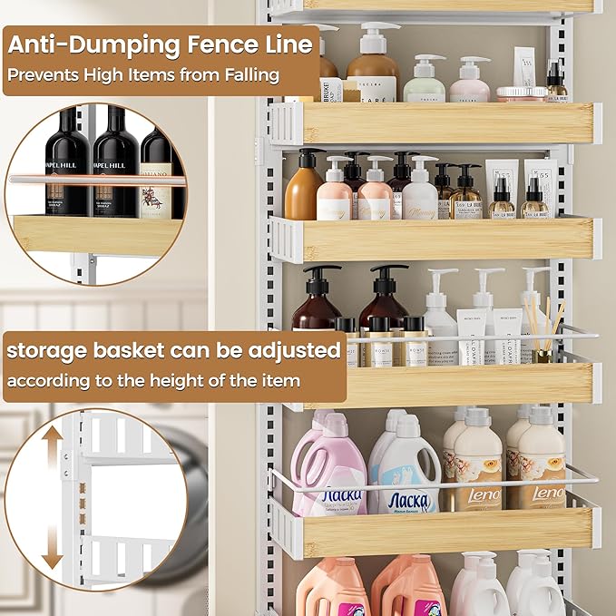POKIPO 8 Tier Over The Door Pantry Organizer, 2 IN 1 Wall Mount or Hanging Spice Rack Seasoning Shelves with Adjustable Basket, Back of Door Organizer and Storage for Kitchen Cabinet and Room Closet