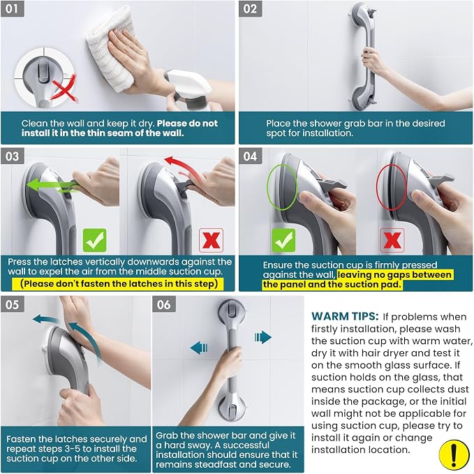 TAILI Shower Grab Bar 16 Inch Suction Cup Grab Bars for Bathroom, Removable Shower Safety Handle Heavy Duty Bathtub Grip for Seniors & Elderly, Strong Handrails No Drilling Waterproof, Silver,G9