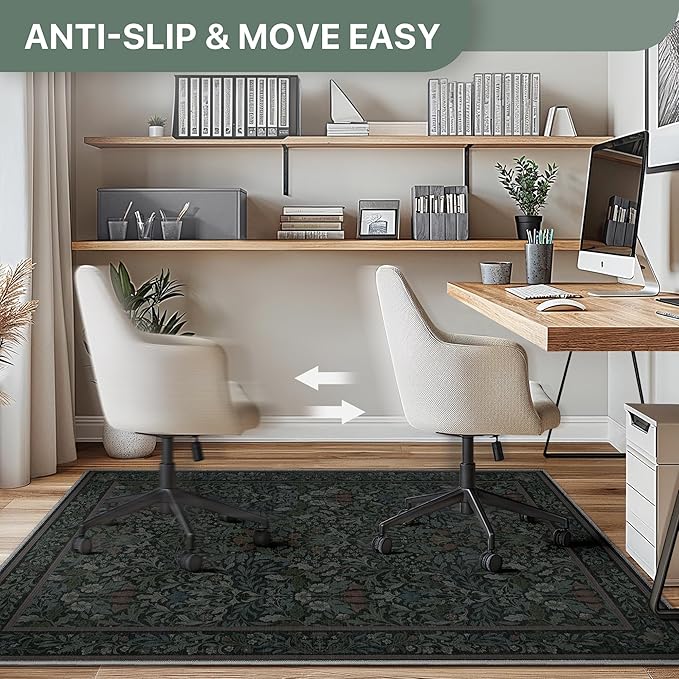 48"x60" Office Chair Mat for Hardwood Tile Floor, Under Desk Carpet Protector for Rolling Computer Chair Mat, Machine Washable Area Rug, Anti-Slip 1/5" Thick Low Pile Thin Vinyl Floor Mat, Dark Green