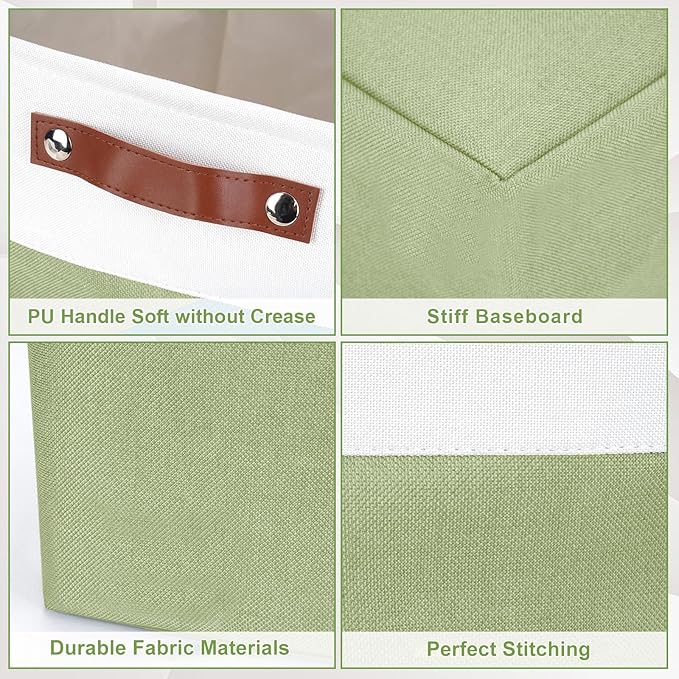 Bagnizer Large Fabric Storage Baskets | 50L Storage Bins, Decorative Linen Closet Baskets with Handles for Organizing, Shelf, Toys, Clothes, Home, Office, Nursery, 17x12x15Inches (Green&White)