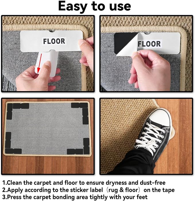 Rug Non Slip Grippers, Reusable Rug Tape, No Damaging for Hardwood Floors and Tiles, Carpet Grippers Stickers Pads for Area Rugs Corners Flat, 4Pcs