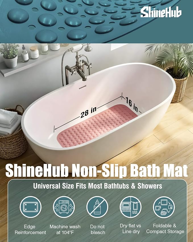 Non Slip TPE Bath Mat, Heavy Non Floating Shower Mat, 28x16, Pink | Strong grip, 166 suctions, 144 drains, 7mm extra-thick cushioned layer, washable, for bathroom shower tub floor