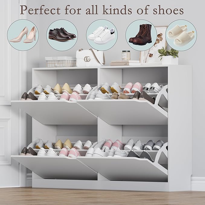 BORNOON Shoe Cabinet with 4 Flip Drawers, Narrow Hidden Shoe Storage Cabinet, Slim Freestanding Shoe Rack Organizer for Entryway, Hallway, Bedroom, Living Room