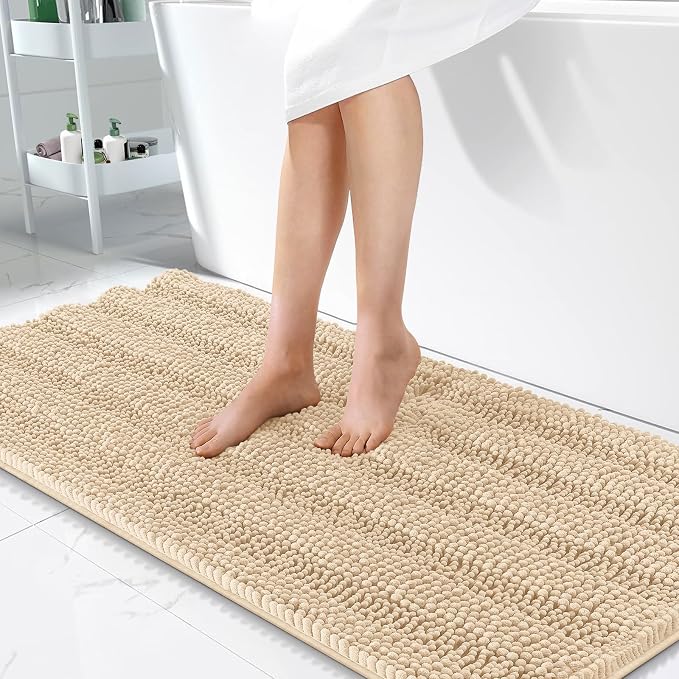 OLANLY Thick Bathroom Runner Rugs 47x24, Extra Absorbent Chenille Striped Bath Rugs, Rubber Backing, Machine Wash Dry, Long Bath Mats for Bathroom Floor, Tub and Shower, Home Decor Accessories, Beige