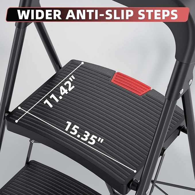 TOOLF 3 Step Ladder, Heavy Duty Step Stool with Tool Tray and Anti-Slip Wide Pedal, Portable Steel Folding Ladder for Home, Kitchen, 800 Lbs Capacity for Home & Industry, Black
