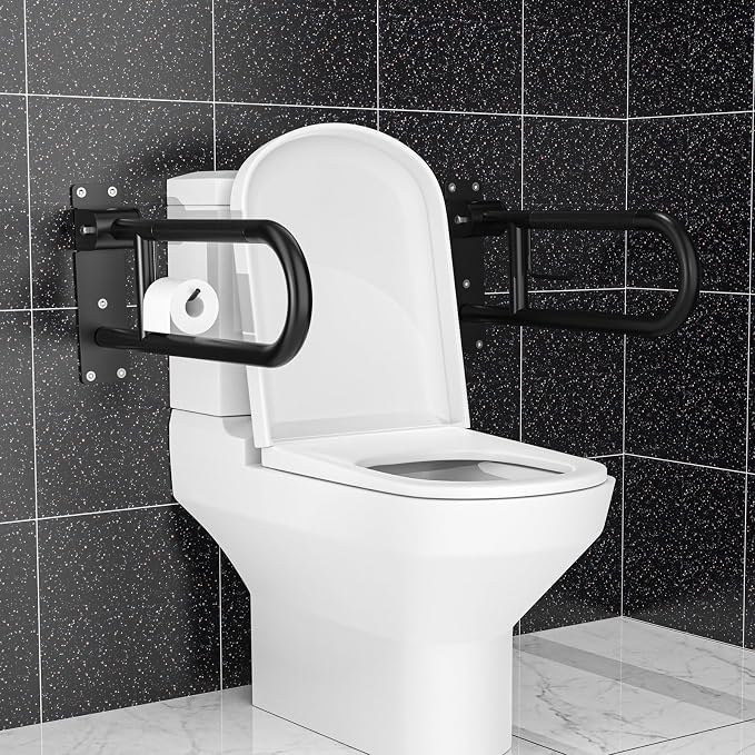 Toilet Grab Bar 24 Inch Black, Munzong Anti-Slip Handicap Grab Bars with Paper Holder, Flip-Up Bathroom Safety Rails, Stainless Steel Knurled Support handrails for Seniors Elderly Disabled Pregnant
