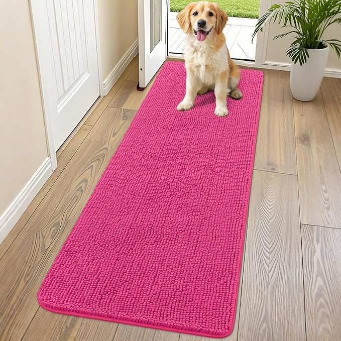 Smiry Dog Door Mat for Muddy Paws 70x24, Absorbent Dirt Trapper, Non-Slip Washable Chenille Entryway Rug for Inside Floor, Hot Pink, Classic Solid