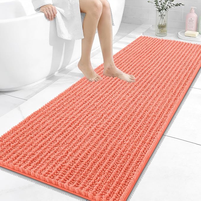 OLANLY Long Bathroom Rugs Runner 59x24, Thick Soft and Absorbent Chenille Bath Mat, Non-Slip, Machine Washable Quick Dry Bath Rugs for Tub Shower Floor, Home Decor Accessories, Coral