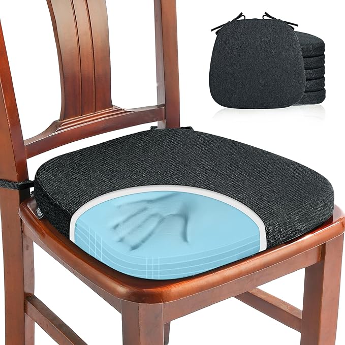 SINOSSO 6 Pack Memory Foam Chair Cushions for Dining Chairs, Friendly Woven Fabric 16" U-Shape Comfortable Kitchen Chair Pads, Removable Slip Resistant Seat Cushions (Set of 6, Black)