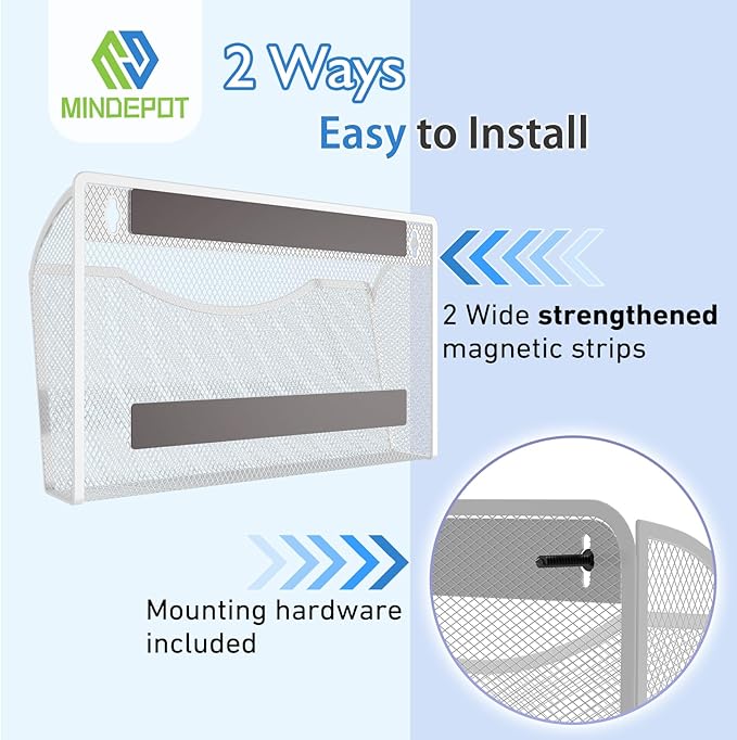MINDEPOT Magnetic Wall File Holder - Metal Mesh Wall File Organizer with Powerful Magnet Single Pocket Wall Folder Holder for Office File Cabinet Whiteboard, No Assembly Required, Space Saver, White