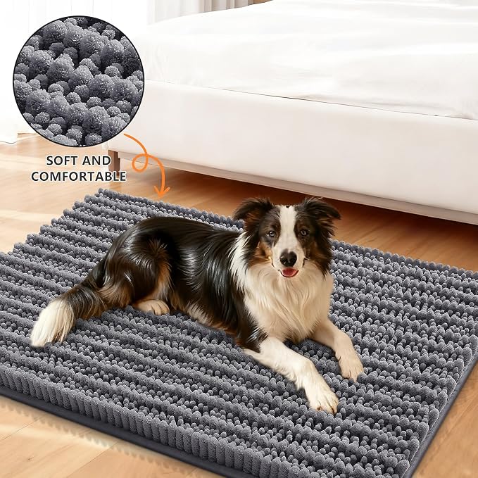 Smiry Dog Door Mat for Muddy Paws 40x24, Absorbent Dirt Trapper, Non-Slip Washable Chenille Entryway Rug for Inside Floor, Dark Grey, Layered Pattern