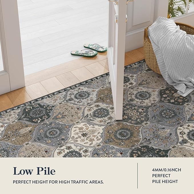 Lahome Moroccan Trellis Area Rug, 2x3 Entryway Rug Non-Slip Washable Indoor Door Mat, Small Oriental Accent Throw Carpet for Bedroom Kitchen Entry Bathroom Elise, Grey