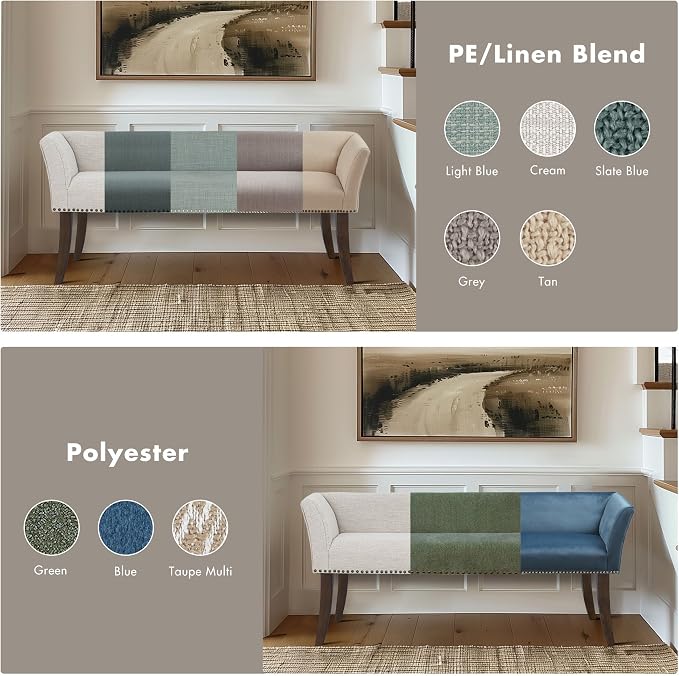 Madison Park Accent Bench, Upholstered with Nailhead Trim, & Padded Seat Entryway Bench Small, End of Bed Bench with Back, 49.5" W x 19.25" D x 23" H, Grey