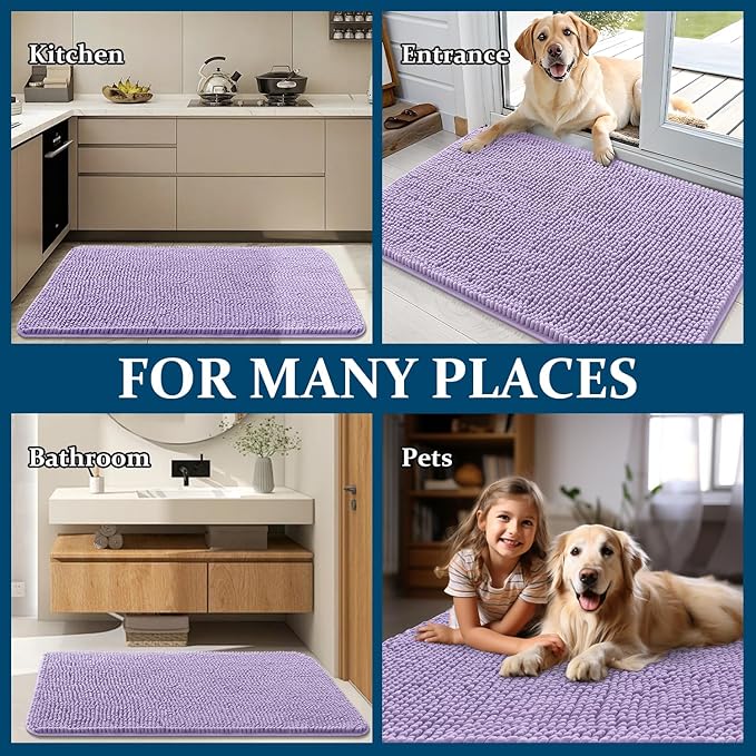OLANLY Dog Door Mat for Muddy Paws 59x24, Absorbs Moisture and Dirt, Absorbent Non-Slip Washable Doormat, Quick Dry Chenille Mud Mat for Dogs, Entry Indoor Entryway Carpet for Inside Floor, Lavender