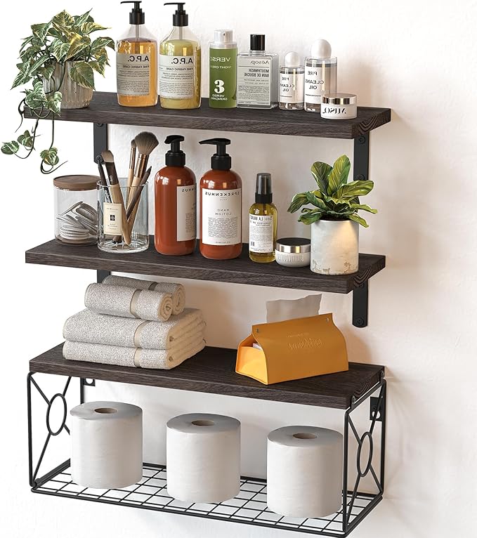 Amada Bathroom Shelves Over Toilet with Storage Basket, Floating Wall Shelf for Home Organization & Wall Decor, Bathroom/Kitchen/Living Room Shelves–Rustic Brown