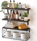 Amada Bathroom Shelves Over Toilet with Storage Basket, Floating Wall Shelf for Home Organization & Wall Decor, Bathroom/Kitchen/Living Room Shelves–Rustic Brown