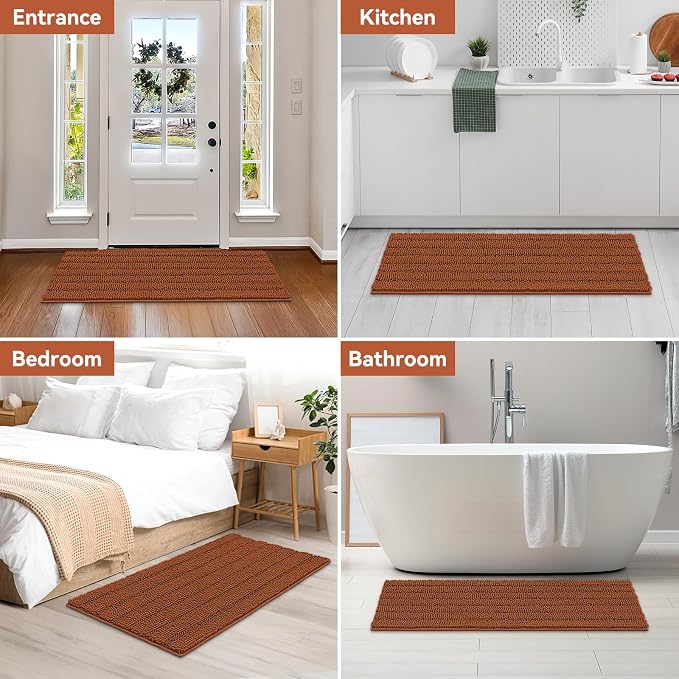 Bcoimo Long Bathroom Rug, Chenille Bath Runner with High Low Pile Design, Soft Absorbent Non Slip Bath Mat, Machine Washable Quick Dry Rug for Shower, Tub, Sink and Vanity