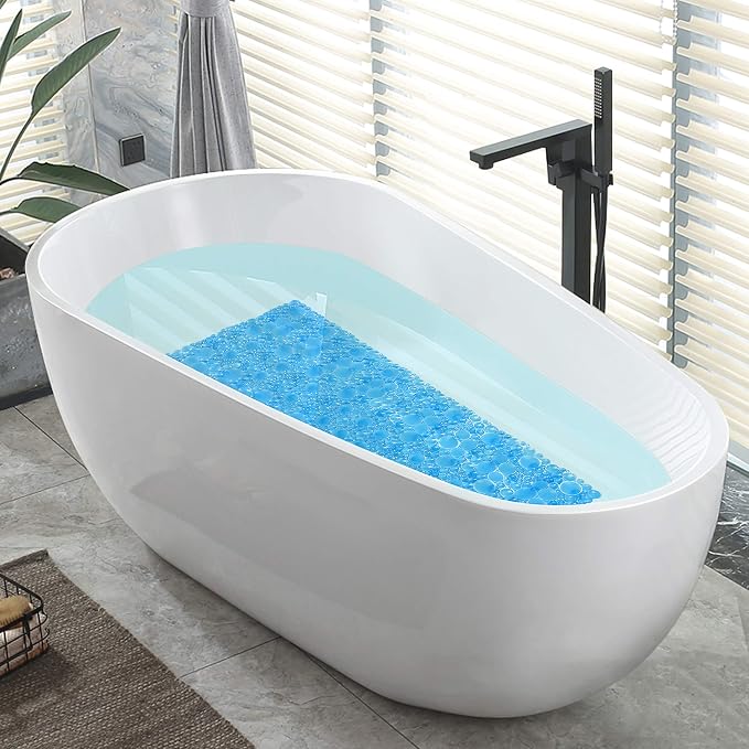 Extra Long Pebble Bath Tub Shower Mat 34.2 x 15.7, Bathmat Non-Slip with Suction Cups, Machine Washable, Bathroom Mats, Smooth/Non-Textured Surface Only (34.2" x 15.7", Transparent Blue)