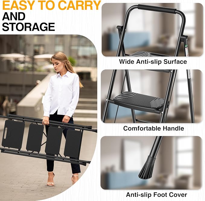 Step Ladder, Portable Steel Folding Step Stool with Wide Anti-Slip Pedal & Convenient Handgrip, Sturdy Steel Ladder, 4-Step, Black