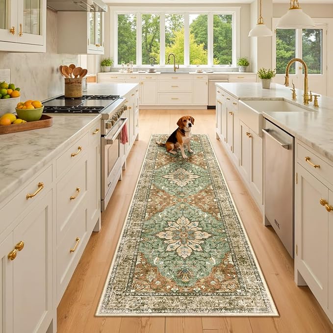 RELEANY Area Rugs Runner 2'6"x8' Washable Non-Slip, Floral Vintage Distress Medallion Carpet for Kitchen Hallway Bedroom Beside Laundry Room Bathroom, Terracotta Burnt Orange Green