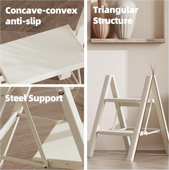 HillhutApex 2 Step Ladder, Lightweight Portable 2 Step Stool with Anti-Slip Wide Pedal, 330lbs Capacity Aluminum Ladder for Household,Office,Library(White)