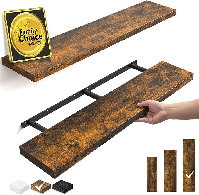 BAYKA Floating Shelves Set of 2, 47.2 inches Long Wall Mounted Rustic Wood Shelves for Bathroom, Bedroom, Living Room, Kitchen, Office, Hanging Shelf for Books/Storage/Decor, Rustic Brown