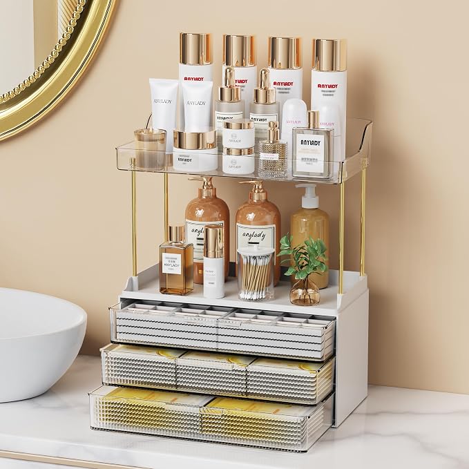 Anylady Bathroom Organizers and Storage, Makeup Organizer (Sturdy Durable Attractive), Ideal for Vanity, Countertop, Counter, Perfume, Skincare, Cabinet, Cosmetic, Dresser Organizer (White)