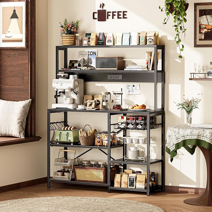 SUPERJARE Bakers Rack with Power Outlet, 47.2 Inches Coffee Bar with 3 Level-Adjustable Open Shelves, Wire Basket, Kitchen Microwave Stand with 6 S-Shaped Hooks, Black