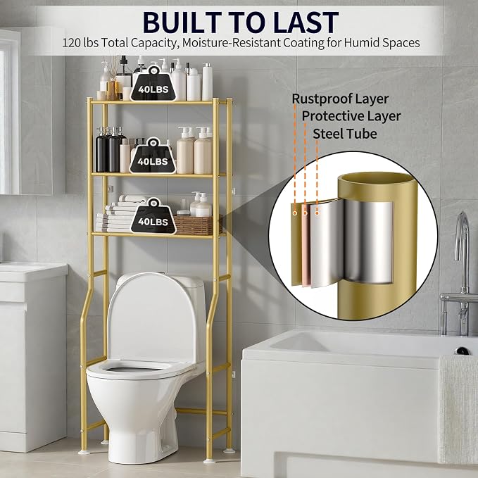 3-Tier Over The Toilet Storage, Freestanding Metal Bathroom Shelves, Space Saver Above The Over Toilet Storage Shelf for Bathroom (Gold)