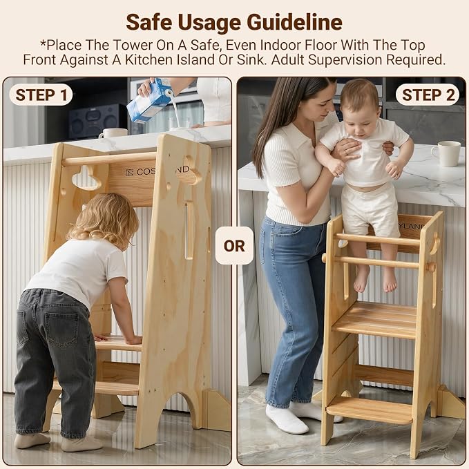 COSYLAND Height Adjustable Toddler Standing Tower(NO Wide Back Panel) - Super Stable Kids Kitchen Stool Helper with 4 Support Blocks - 3 Levels Adjustable Wooden Kitchen Stool (All Natural)