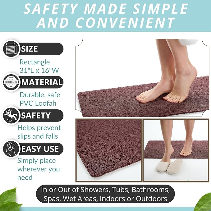 Non Slip Bathtub Mat Shower Mat for Tub - Loofah Bath Mats for Bathroom - 31x16 Bathtub Floor Mat - Textured Anti Slip Bath Mat Without Suction Cups - Secure Mat for Wet Areas (31x16 Brown)