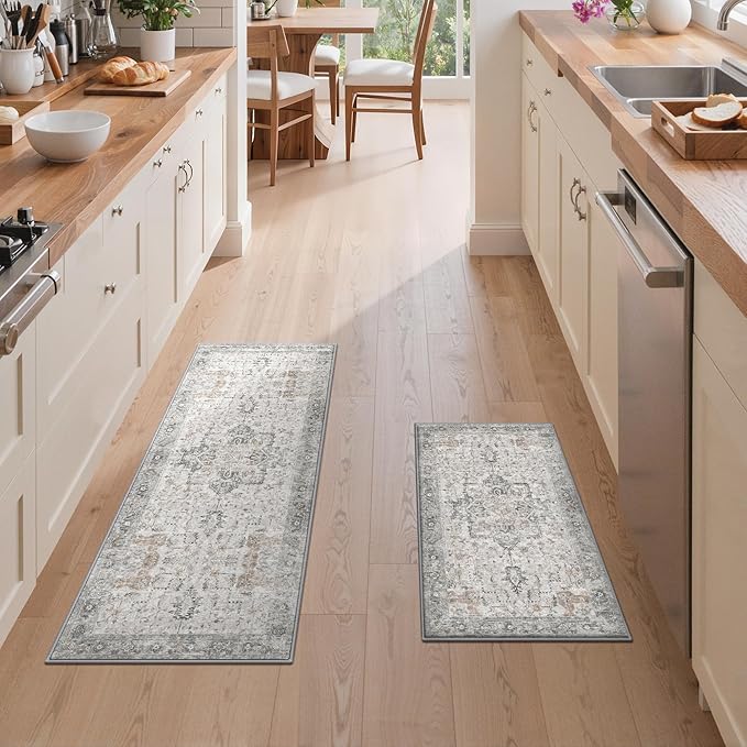 GENIMO Kitchen Rugs Non Slip Washable, 2PCS Kitchen Mats for Floor, Cushioned Standing Mat, Kitchen Runner Rug Floor Mat for Kitchen Decor, Laundry, Sink, Home, 20"x32"+20"x59", Light Taupe Brown