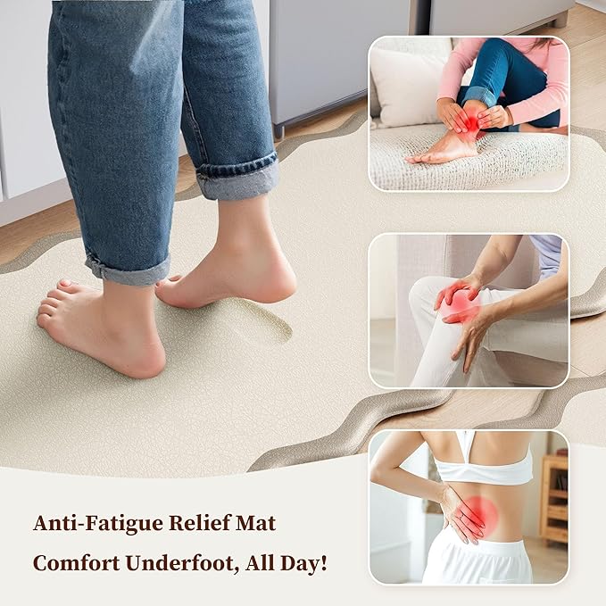 Arenarug Scalloped Kitchen Mats Rugs Sets of 2 Cushioned Anti Fatigue Floor Mat Waterproof Kitchen Rugs Non Slip Foam Comfort Standing Mat for Sink Laundry, Khaki
