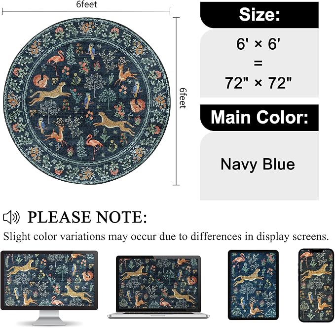 DUKINO 6ft Round Rug for Bedroom, Animal Print Washable Circle Rug with Low Pile Design, Soft Indoor Floor Non Slip Carpet for Entryway, Living Room, Office, Dining Room, Navy Blue