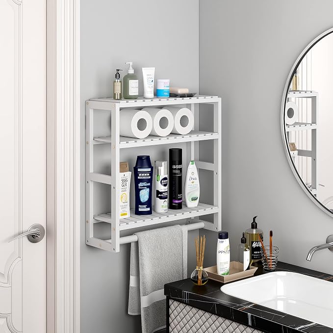 Galood Over The Toilet Storage Bathroom Shelves Wall Mounted 3 Tier Space Saver Corner Shelf Organizer Bamboo Towel Rack Toilet Paper Cabinet with Hanging Rod White